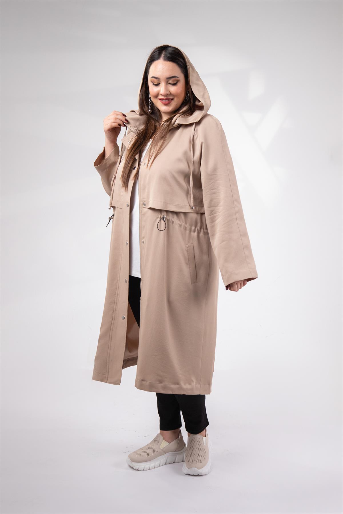Büyük Beden 1212021 Kapüşonlu Trençkot  Bej