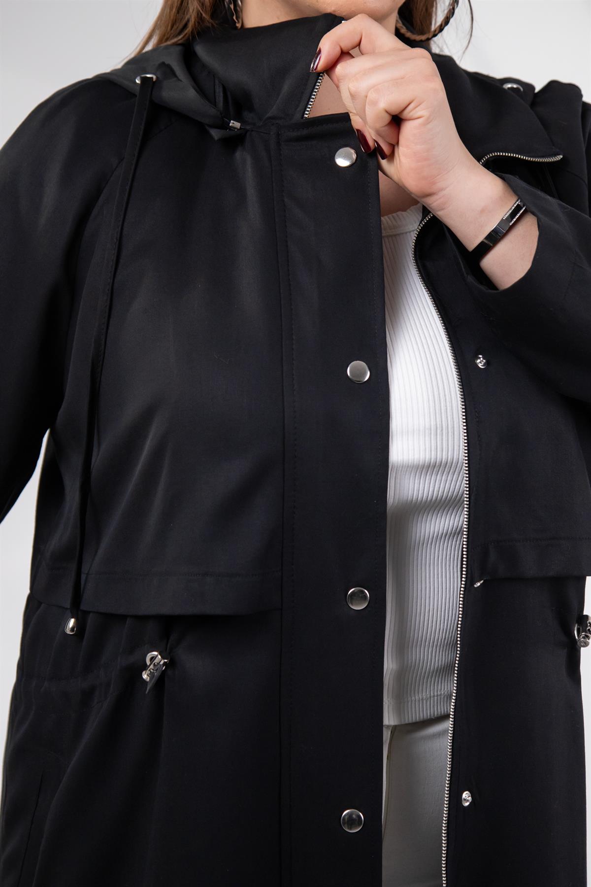 Büyük Beden 1212021 Kapüşonlu Trençkot  Siyah