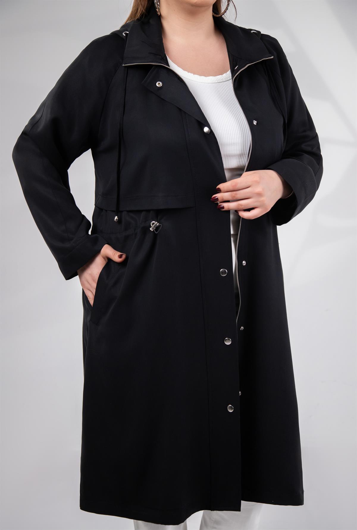 Büyük Beden 1212021 Kapüşonlu Trençkot  Siyah