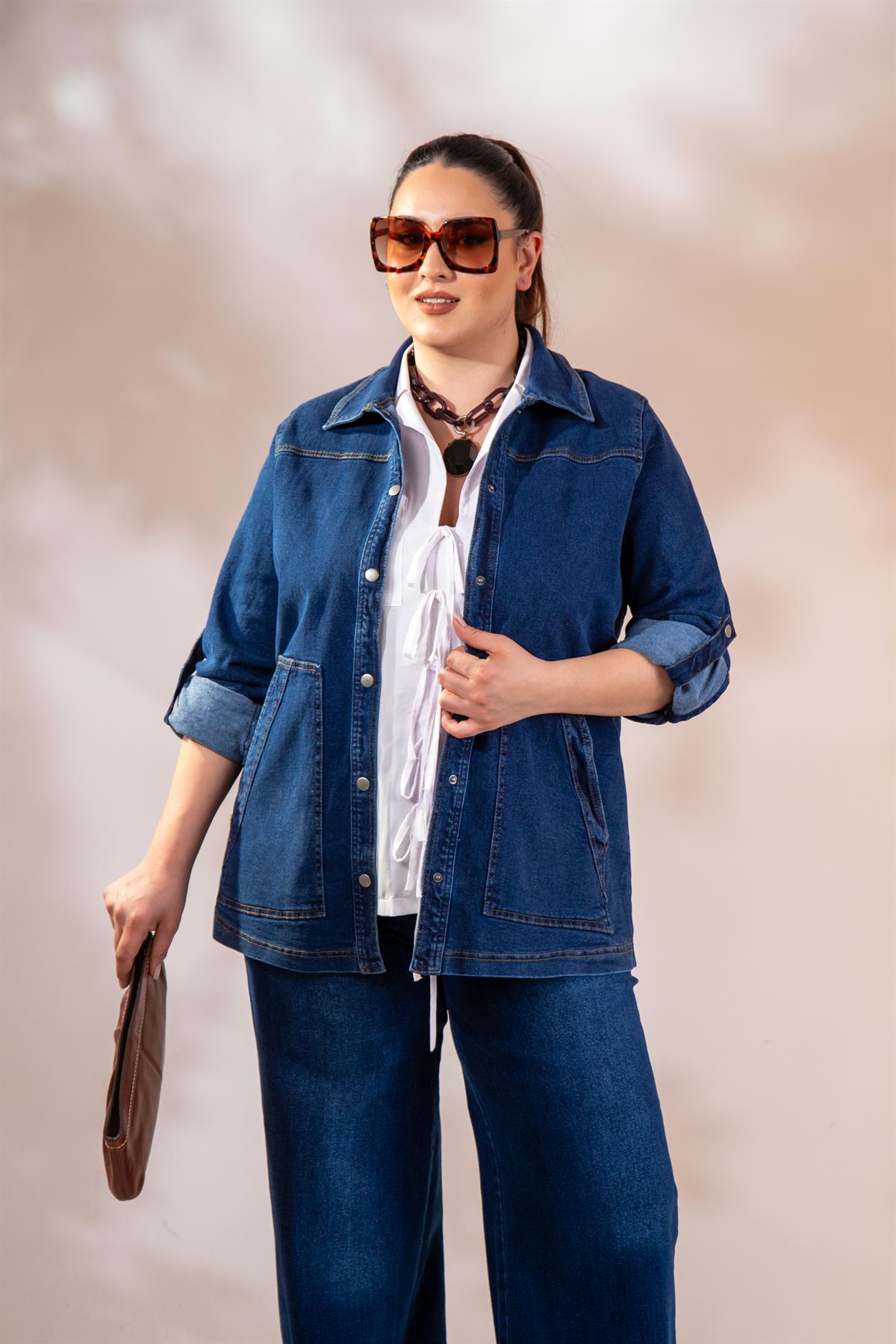 Büyük Beden 1212024 Çıt Çıtlı Denim Ceket Lacivert