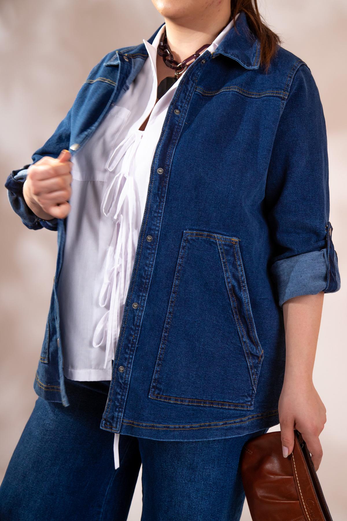 Büyük Beden 1212024 Çıt Çıtlı Denim Ceket Lacivert