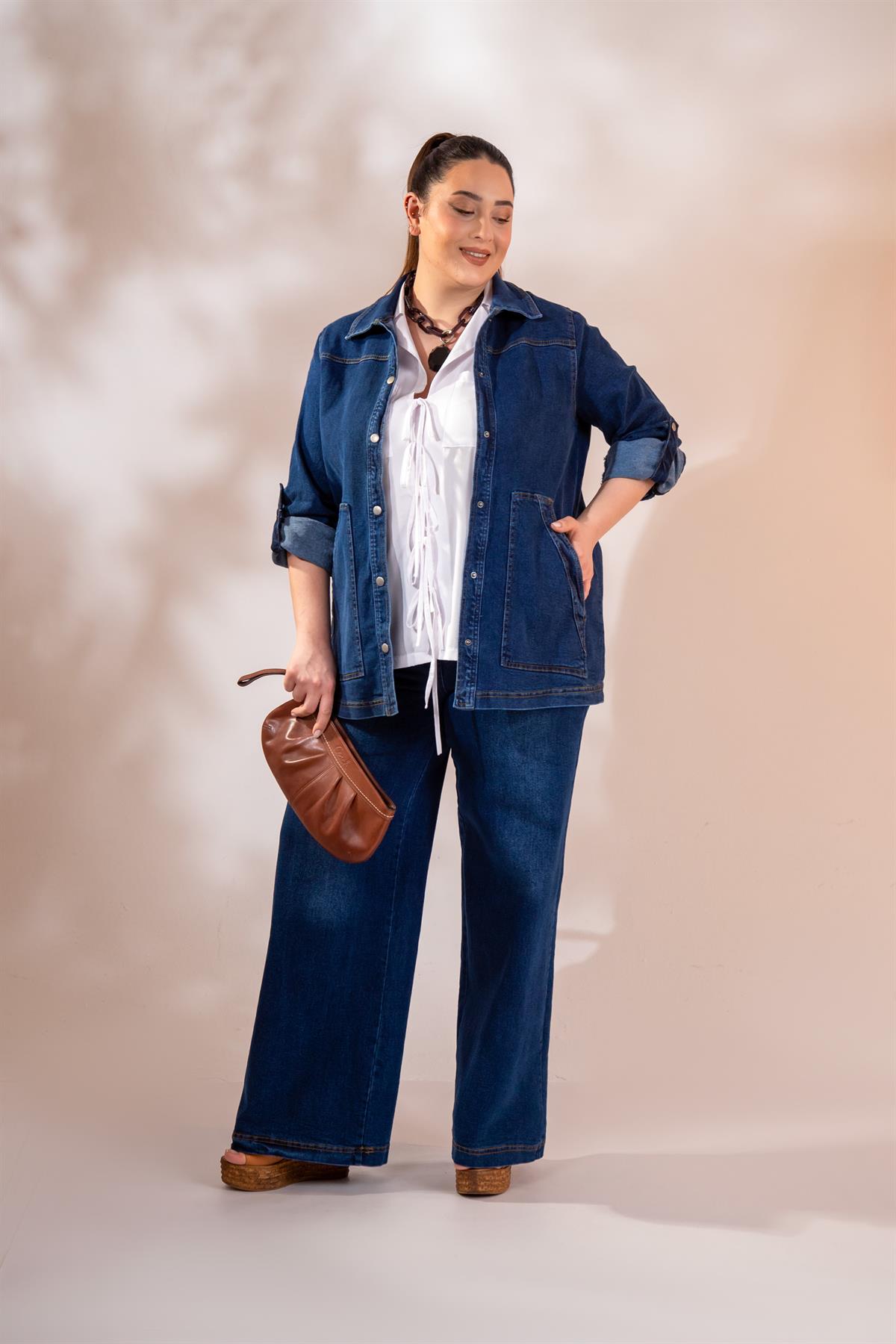 Büyük Beden 1212024 Çıt Çıtlı Denim Ceket Lacivert