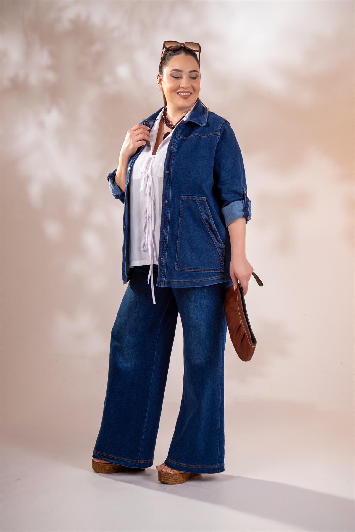 Büyük Beden 1212024 Çıt Çıtlı Denim Ceket Lacivert