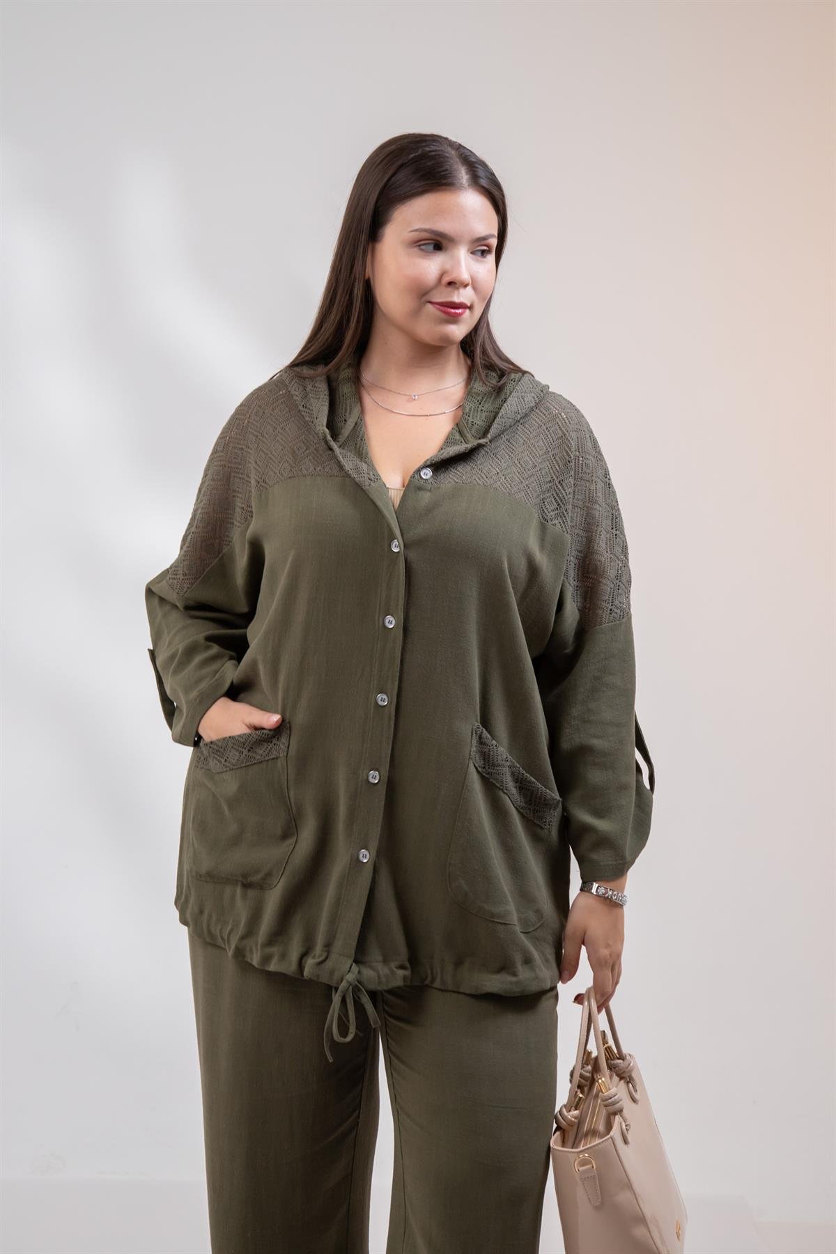 Büyük Beden 1212075 Dantel Detaylı Ceket  Haki