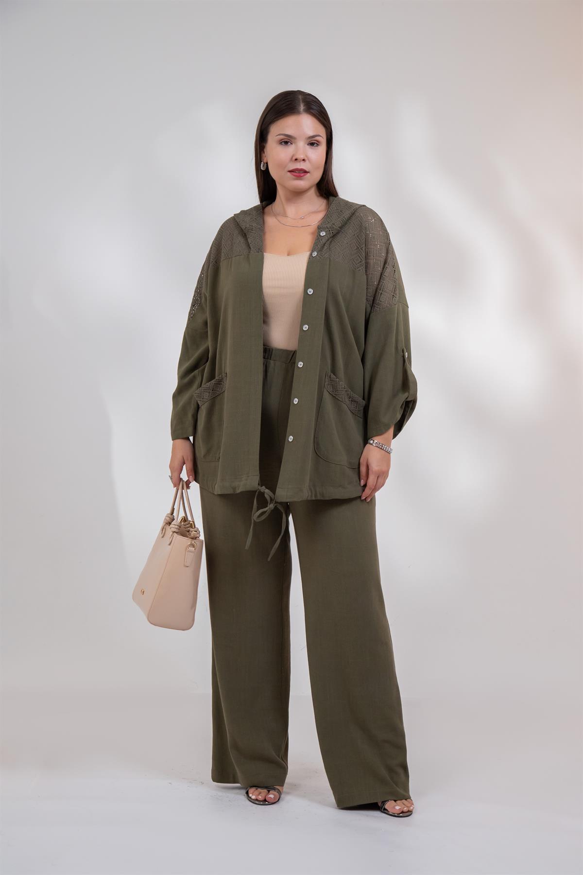 Büyük Beden 1212075 Dantel Detaylı Ceket  Haki