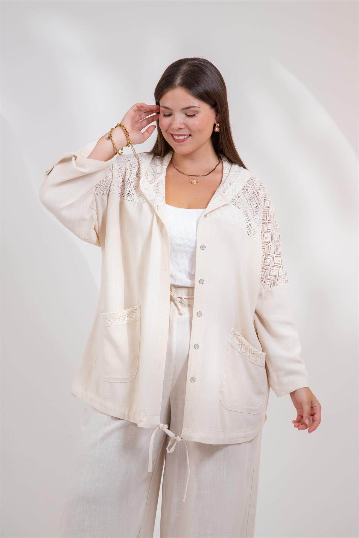 Büyük Beden 1212075 Dantel Detaylı Ceket  Bej