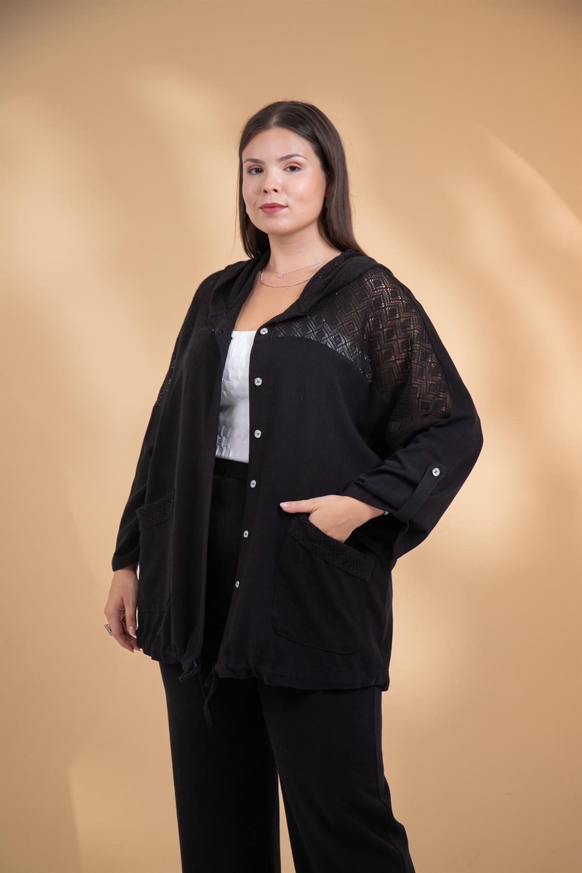 Büyük Beden 1212075 Dantel Detaylı Ceket  Siyah