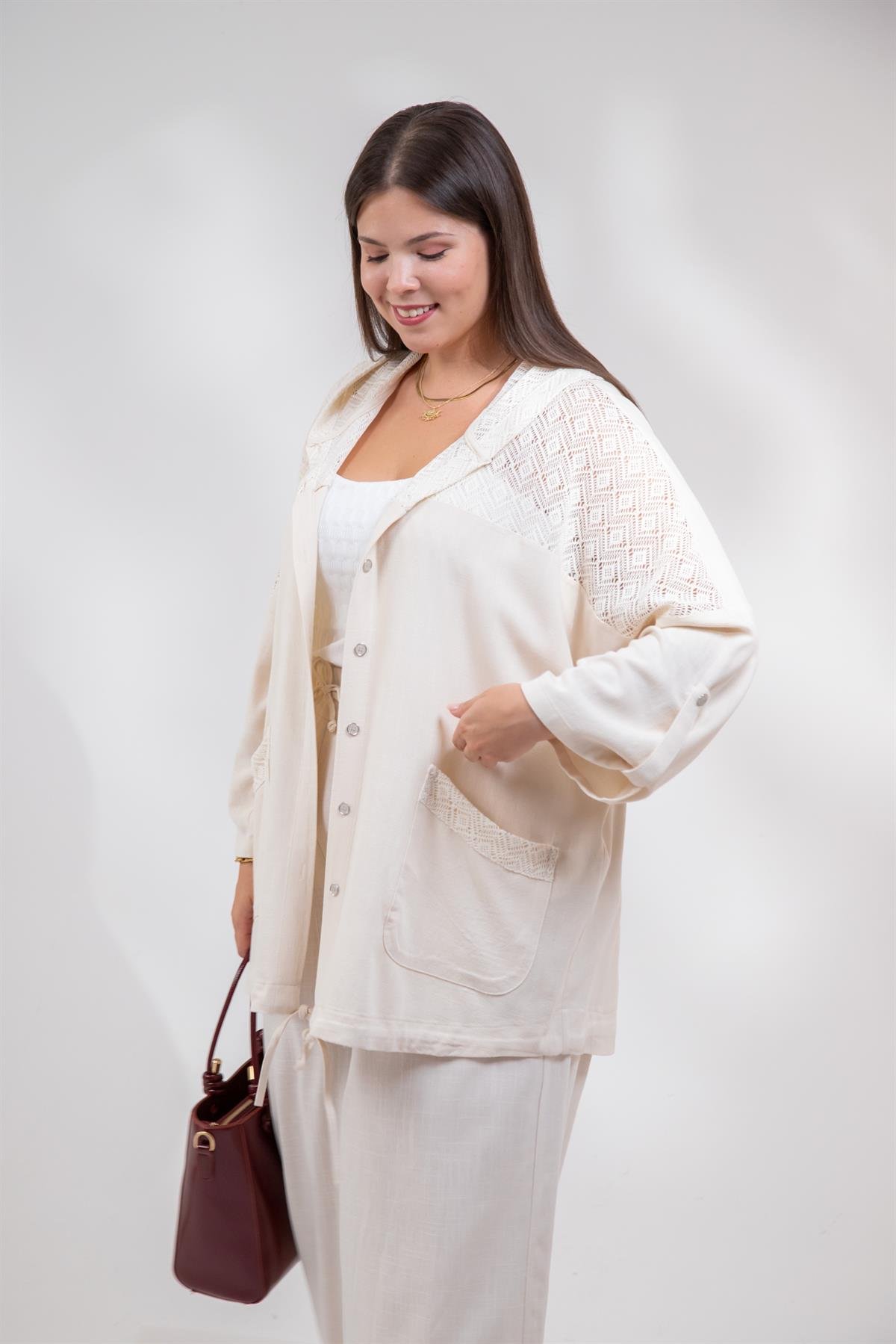 Büyük Beden 1212075 Dantel Detaylı Ceket  Bej