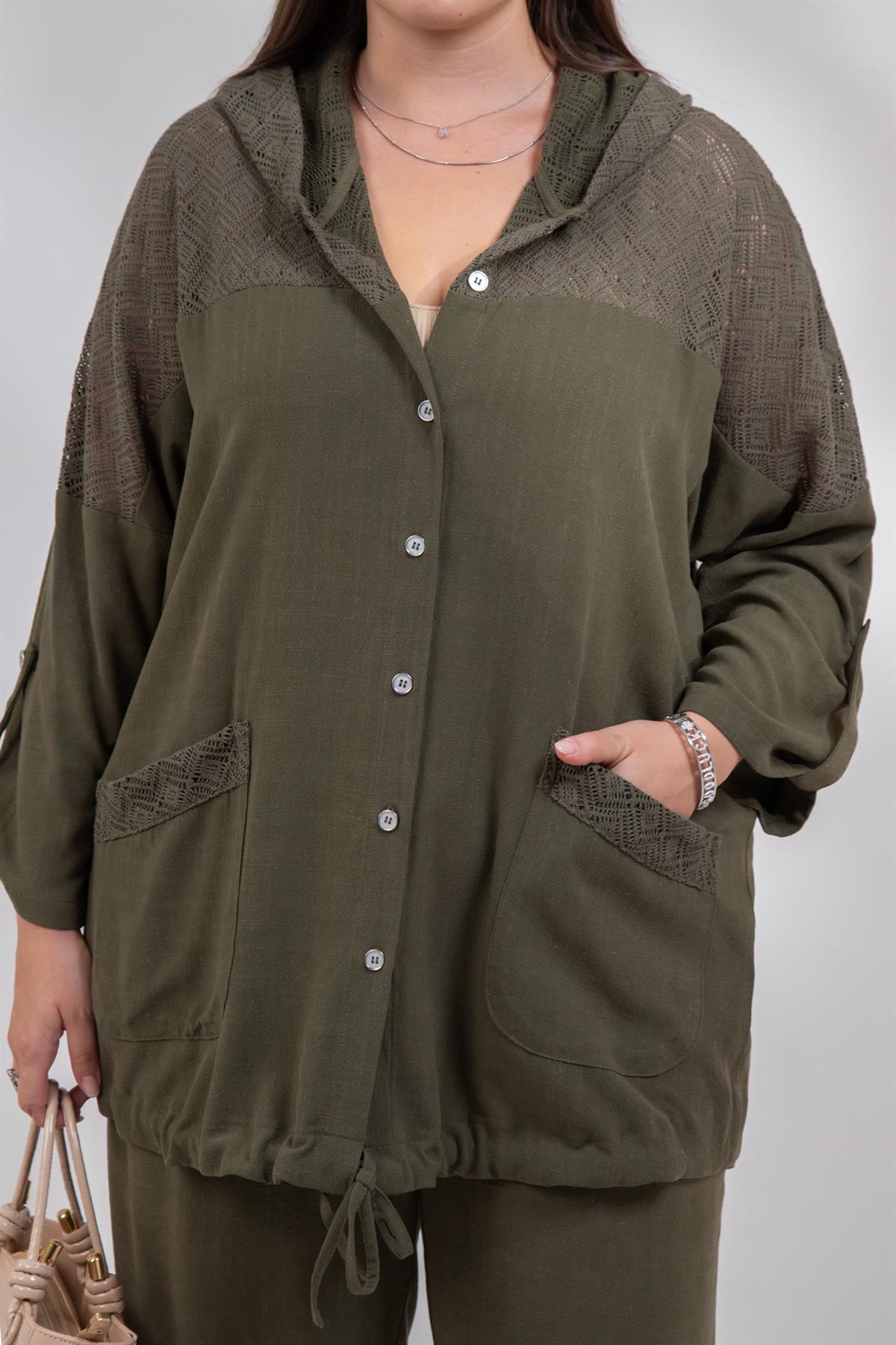 Büyük Beden 1212075 Dantel Detaylı Ceket  Haki