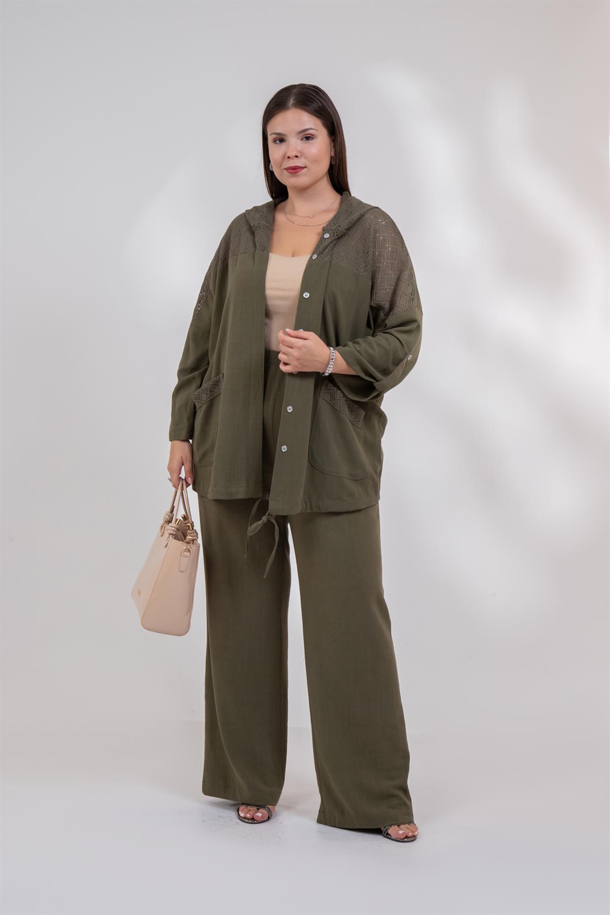 Büyük Beden 1212075 Dantel Detaylı Ceket  Haki