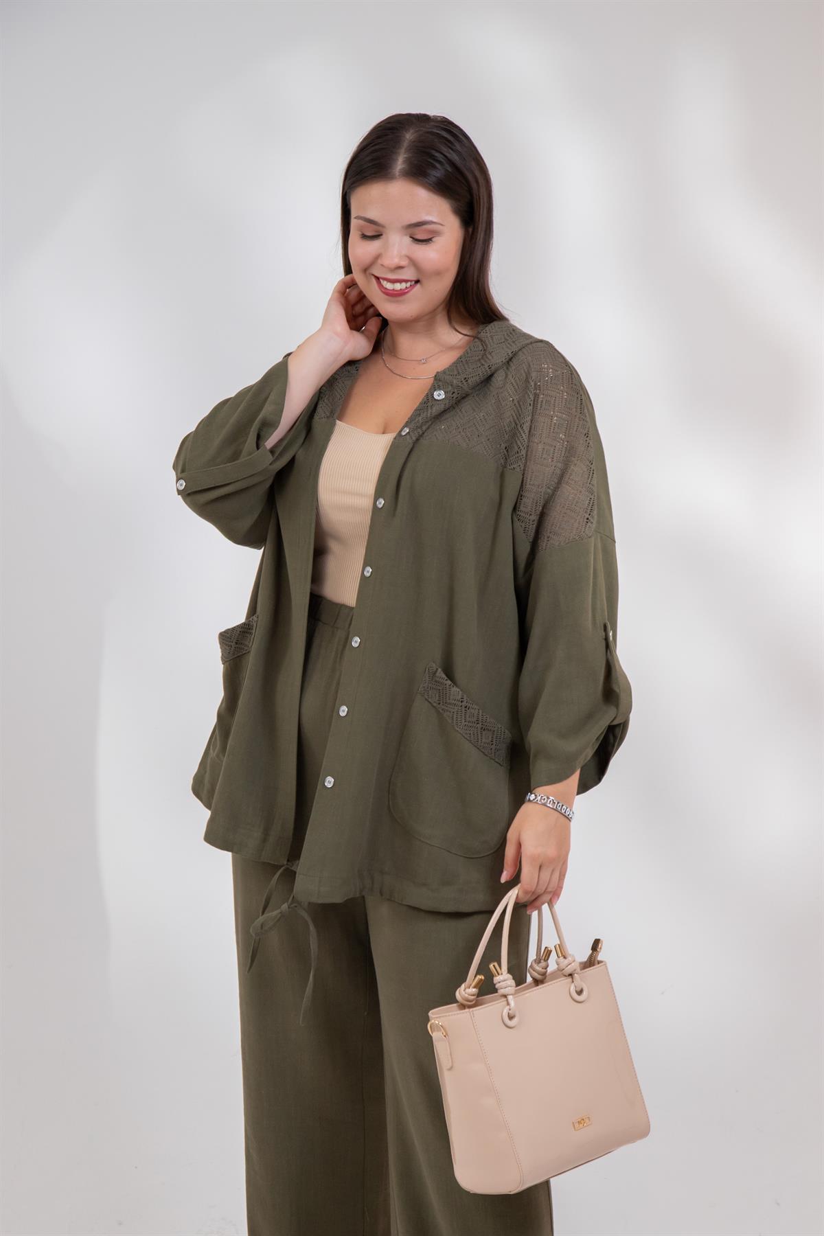 Büyük Beden 1212075 Dantel Detaylı Ceket  Haki