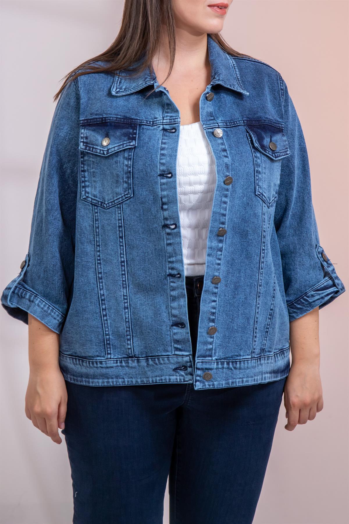 Büyük Beden 1212083 Ceplİ-Apoletli Denim Ceket Mavi