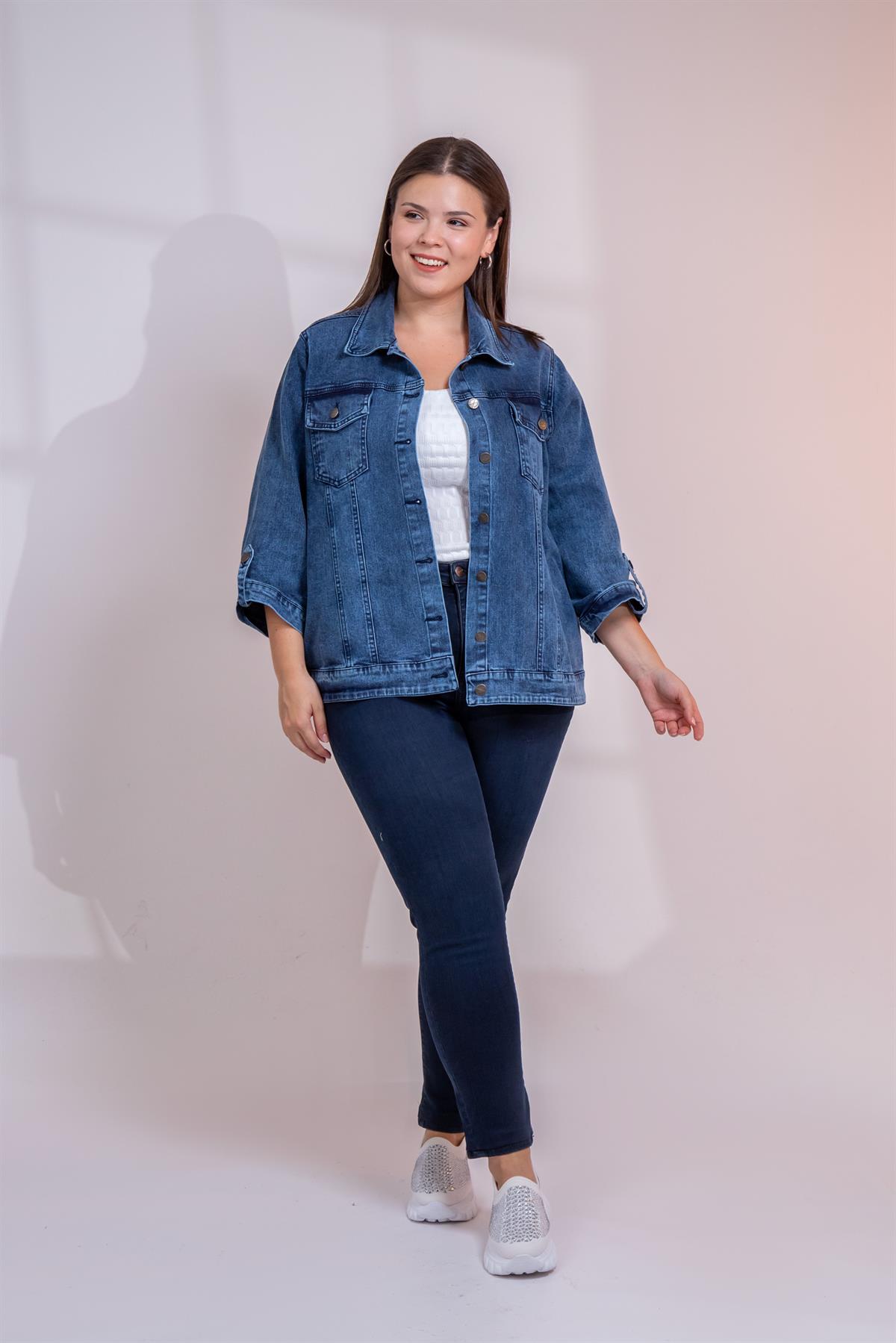 Büyük Beden 1212083 Ceplİ-Apoletli Denim Ceket Mavi