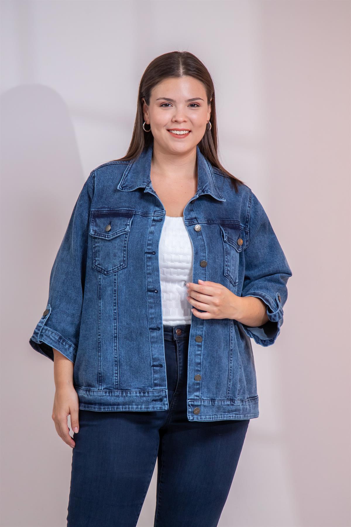 Büyük Beden 1212083 Ceplİ-Apoletli Denim Ceket Mavi