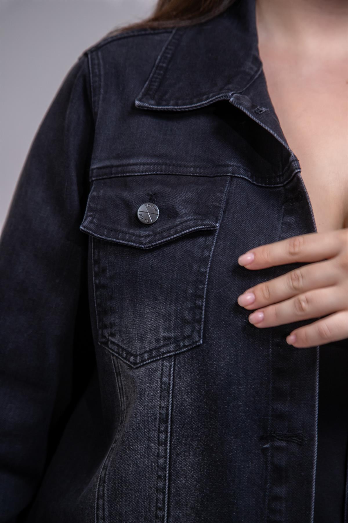 Büyük Beden 1212083 Ceplİ-Apoletli Denim Ceket Siyah