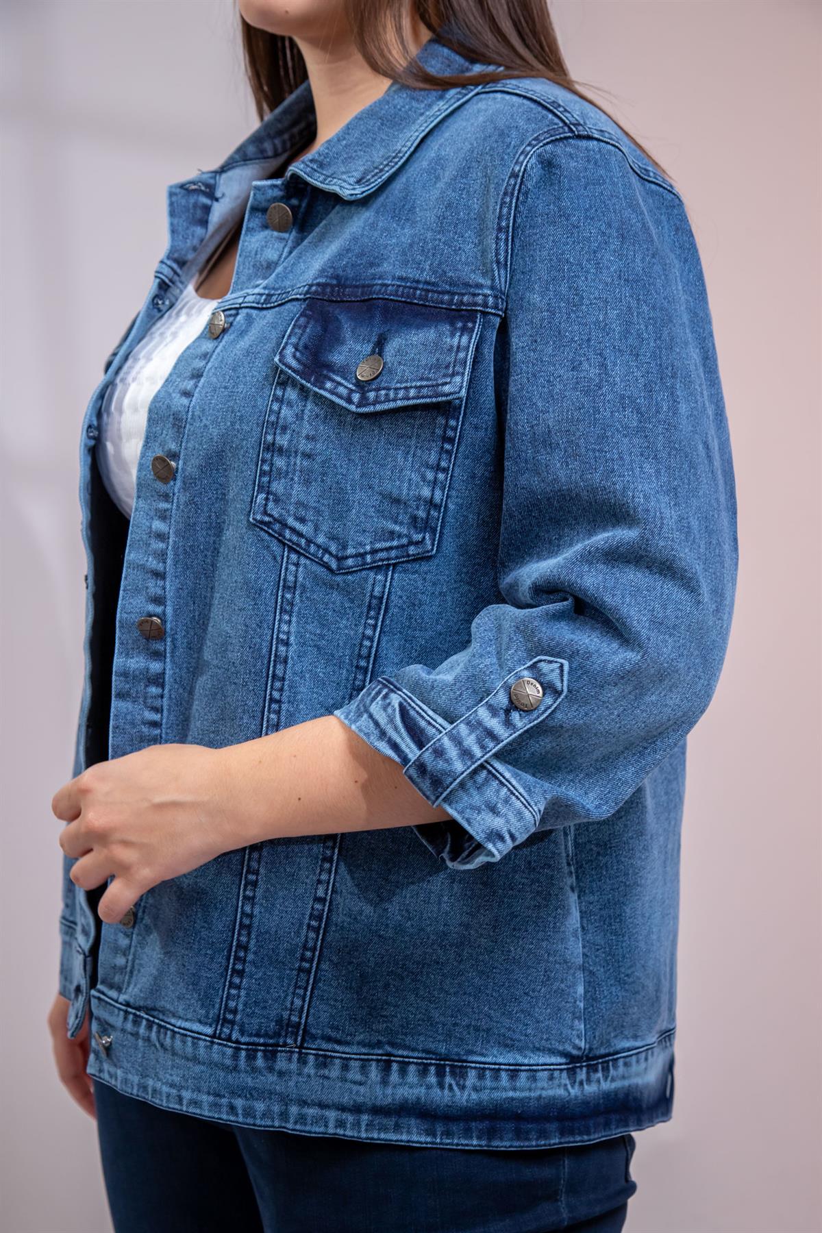 Büyük Beden 1212083 Ceplİ-Apoletli Denim Ceket Mavi