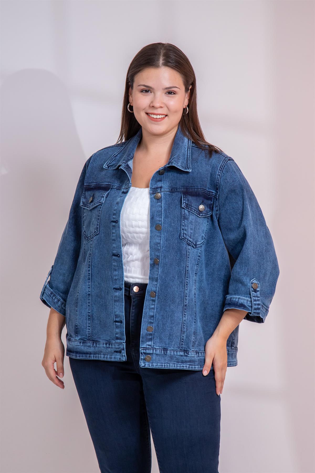 Büyük Beden 1212083 Ceplİ-Apoletli Denim Ceket Mavi