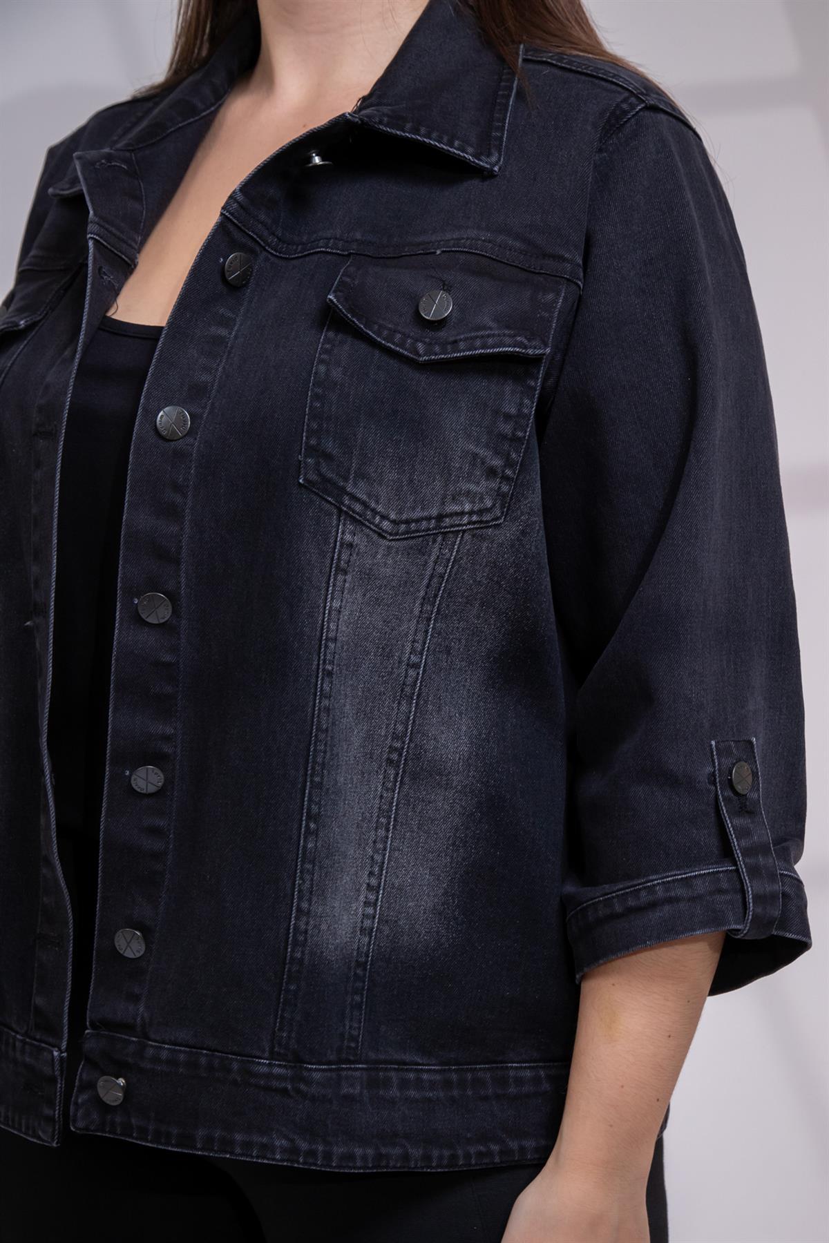 Büyük Beden 1212083 Ceplİ-Apoletli Denim Ceket Siyah