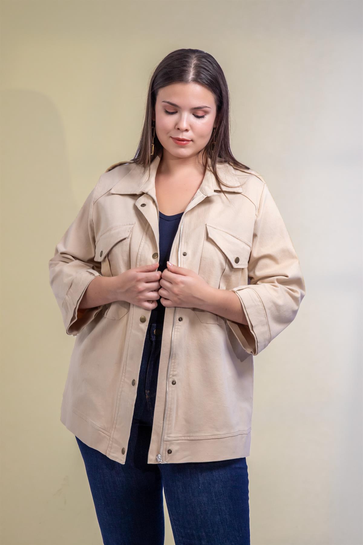 Büyük Beden 1212088 Ceplİ-Çıt Çıtlı Ceket Bej
