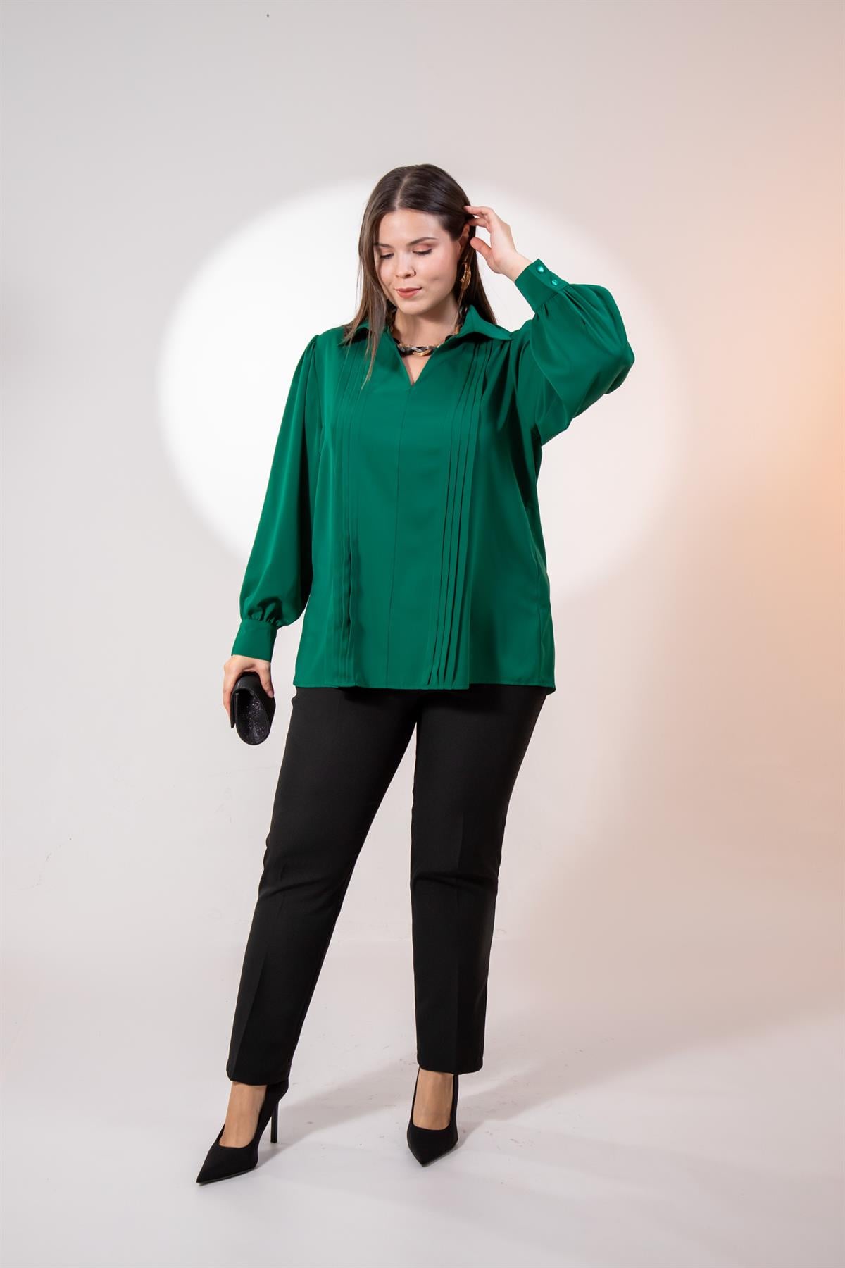 Büyük Beden 1212089 Plise Detaylı Bluz Yeşil