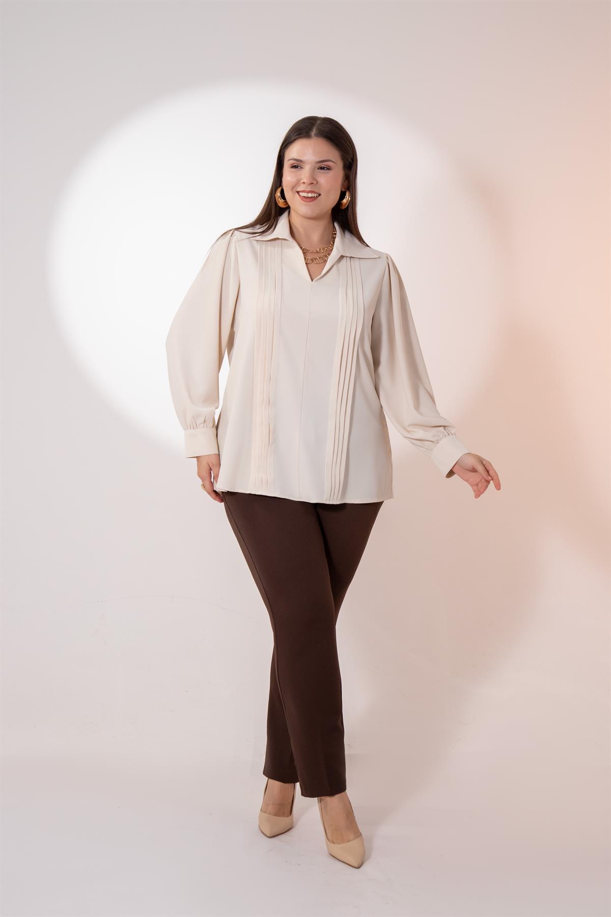 Büyük Beden 1212089 Plise Detaylı Bluz Bej