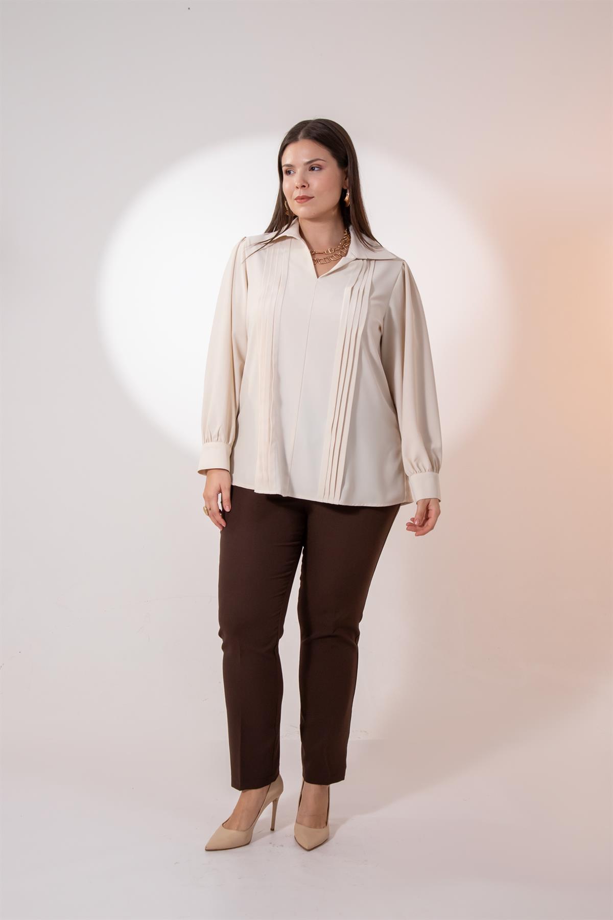 Büyük Beden 1212089 Plise Detaylı Bluz Bej