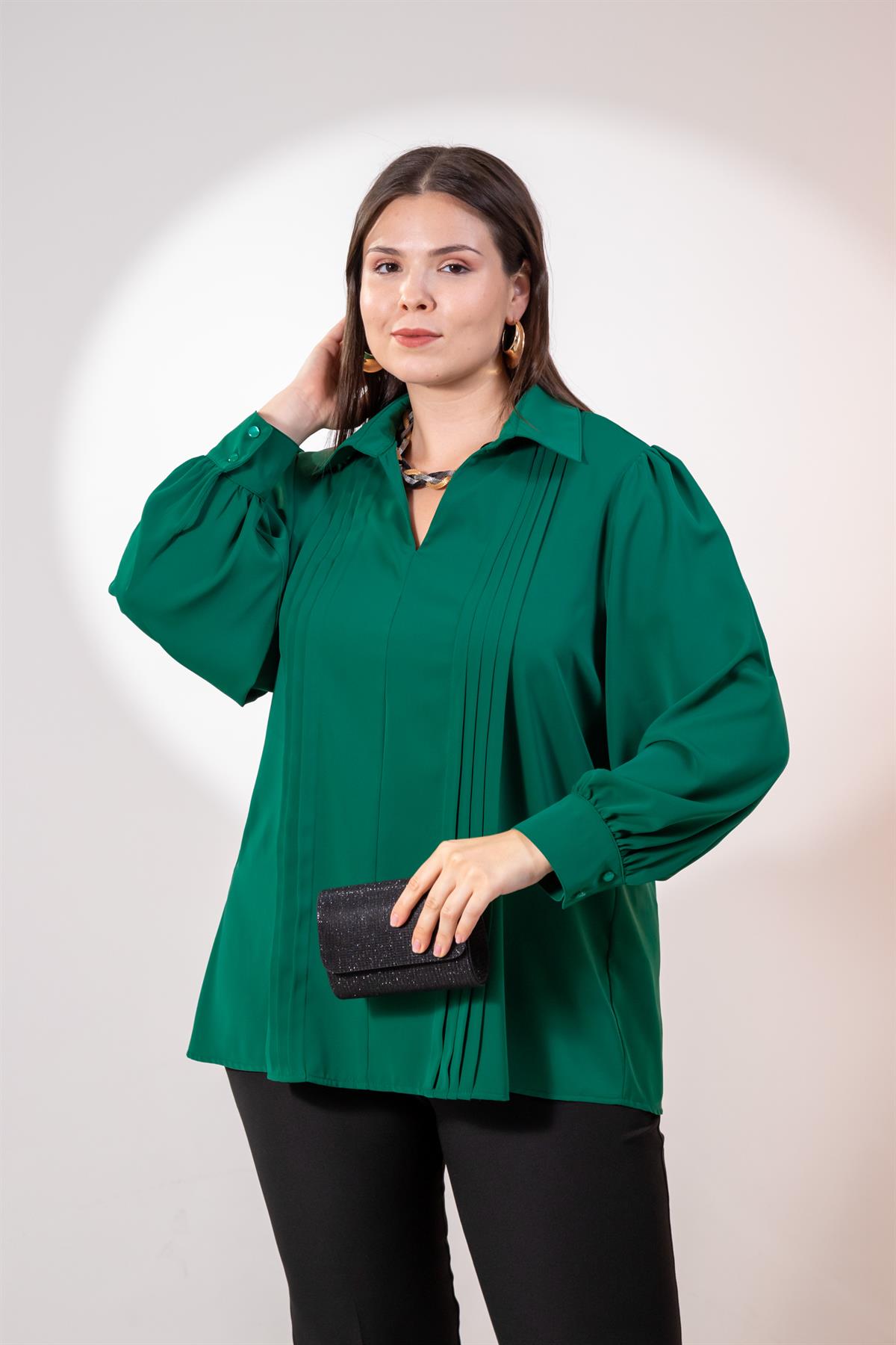 Büyük Beden 1212089 Plise Detaylı Bluz Yeşil