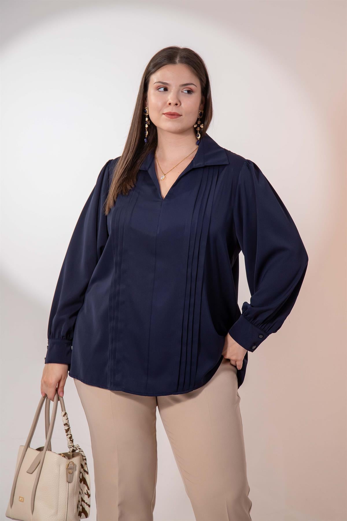 Büyük Beden 1212089 Plise Detaylı Bluz Lacivert
