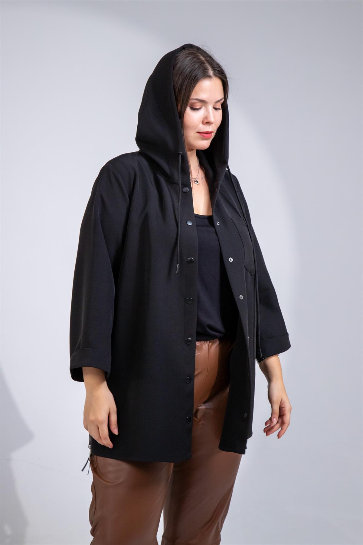 Büyük Beden 1212090 Yanı Fermuarlı Kapüşonlu Ceket Siyah