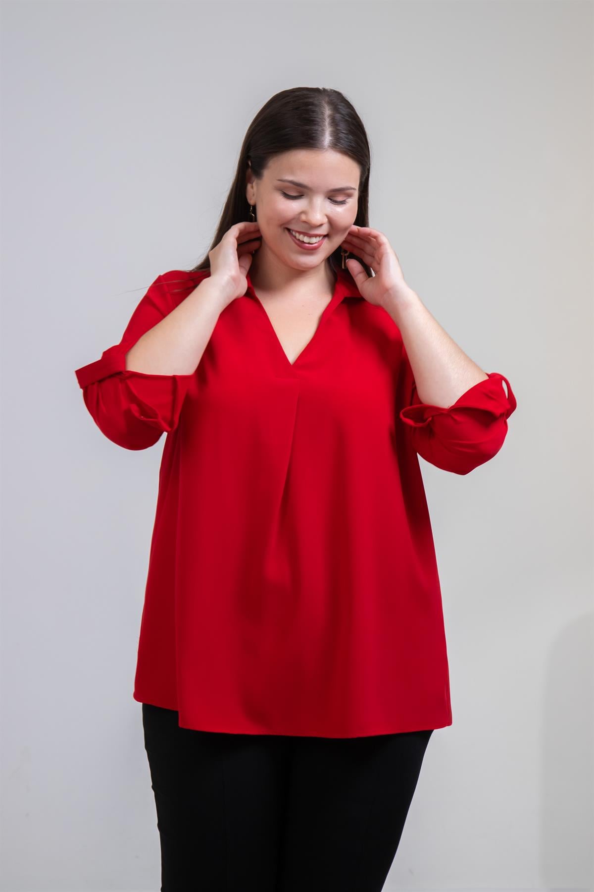 Büyük Beden 1212094 V Gömlek Yaka  Bluz Kırmızı