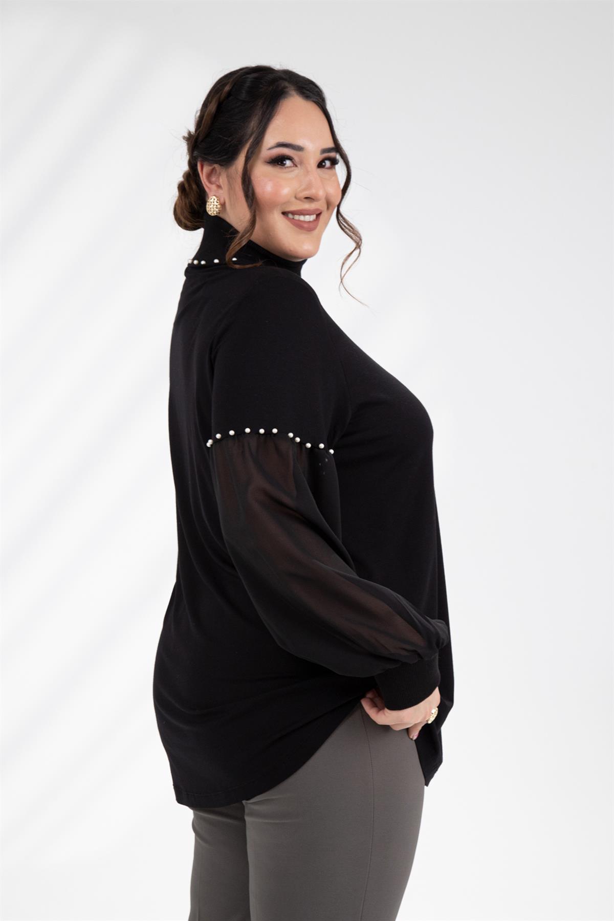 Büyük Beden 121884 İnci Taşlı Bluz  Siyah