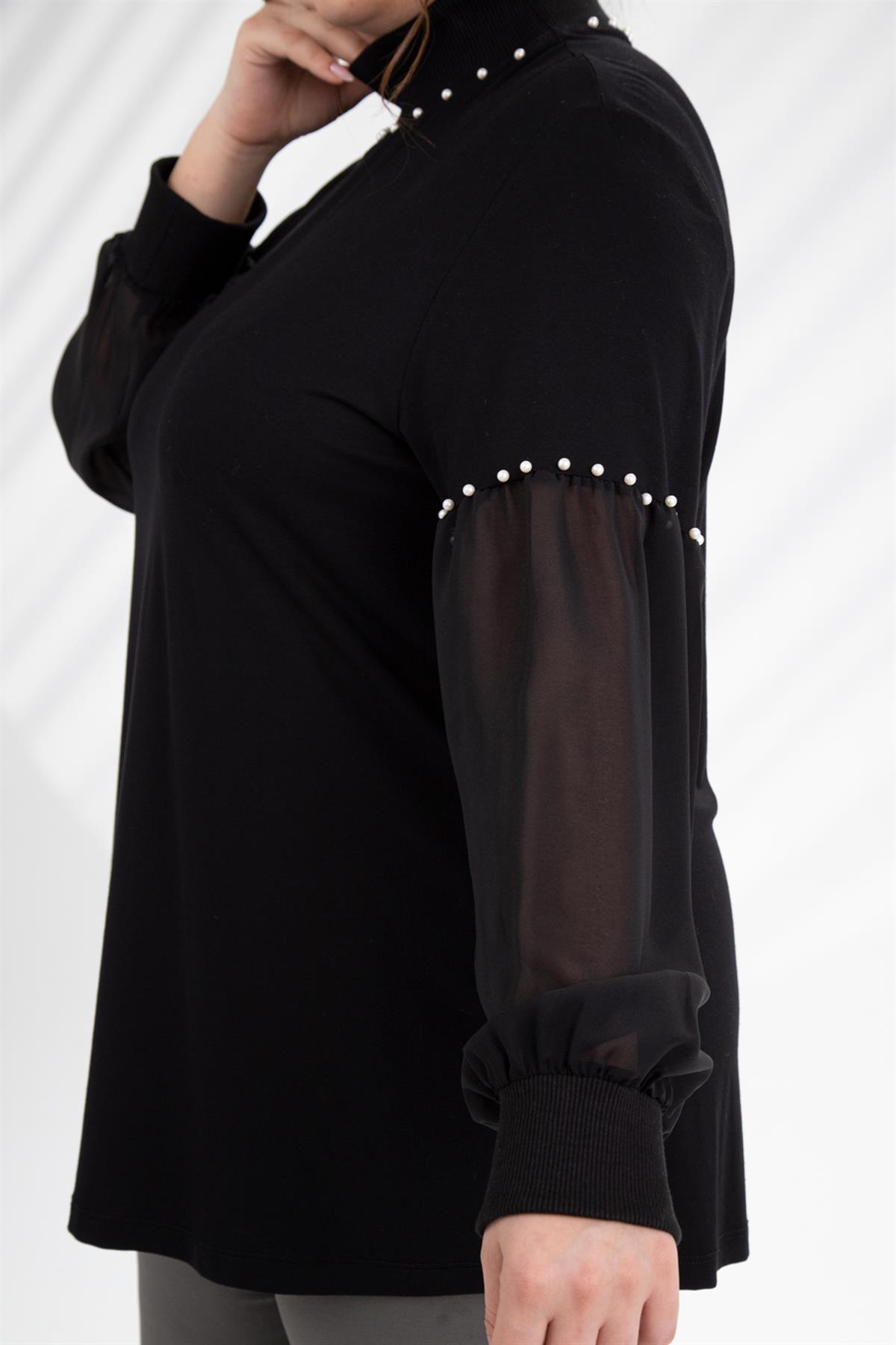 Büyük Beden 121884 İnci Taşlı Bluz  Siyah