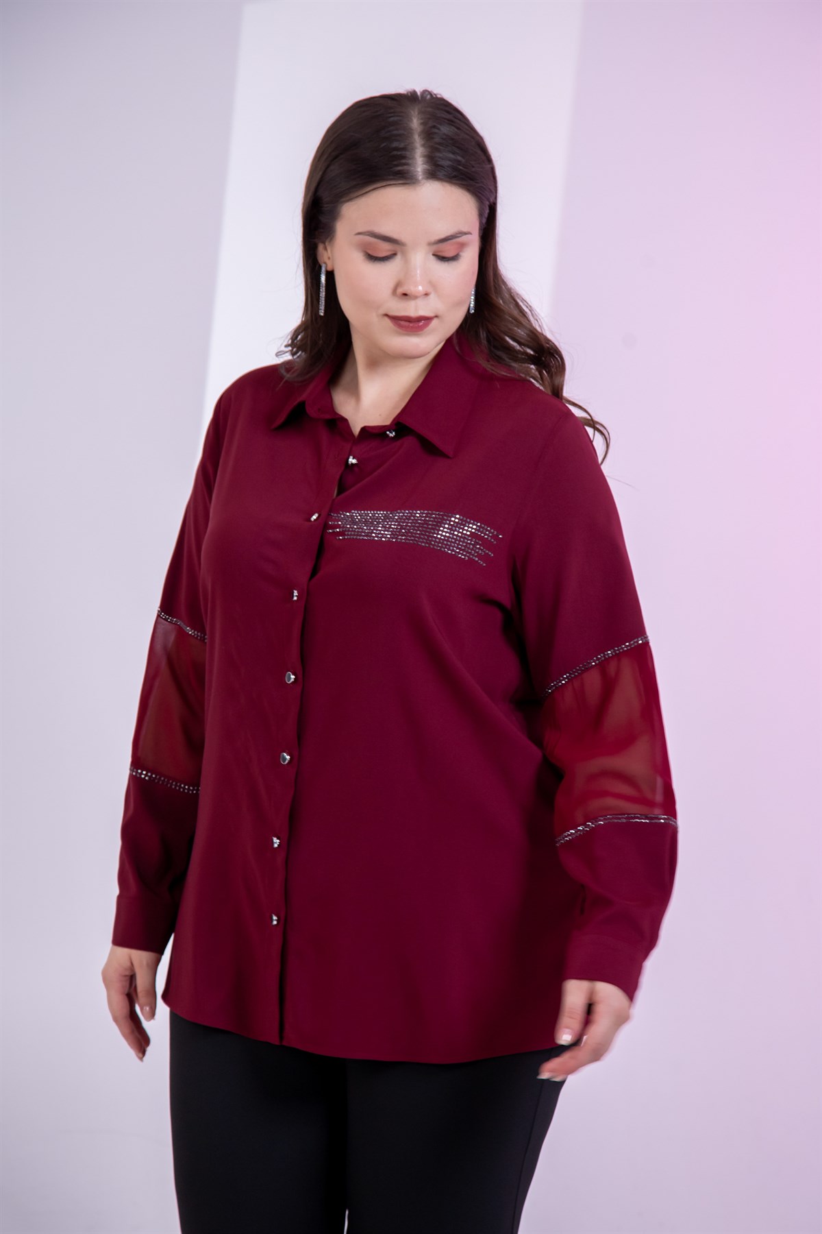 Büyük Beden 121911 Taş Detaylı Gömlek Bordo
