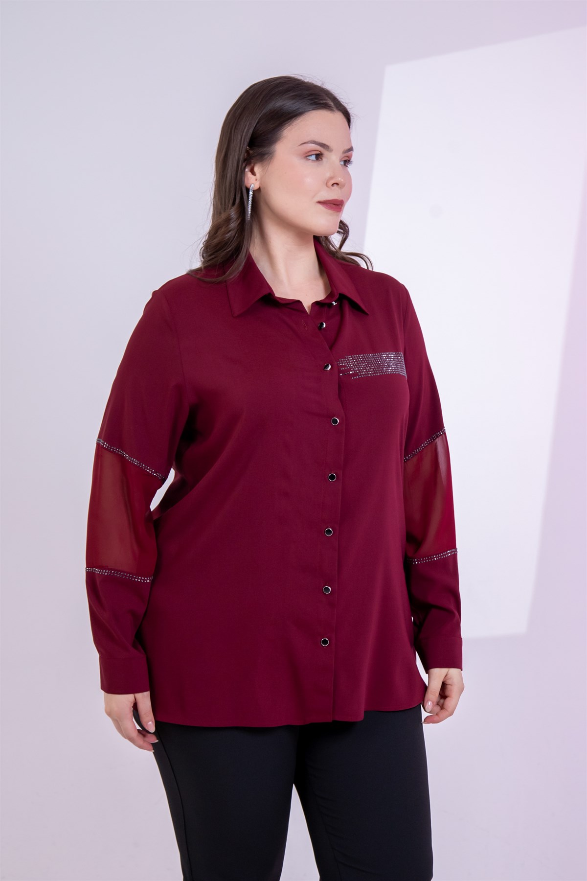 Büyük Beden 121911 Taş Detaylı Gömlek Bordo