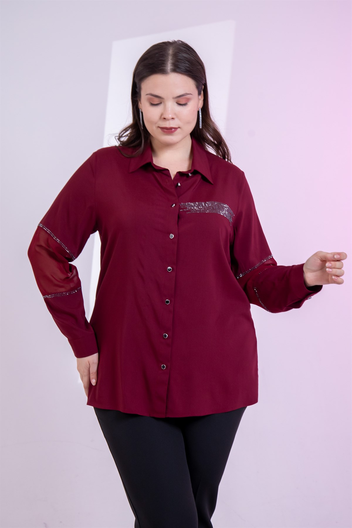 Büyük Beden 121911 Taş Detaylı Gömlek Bordo