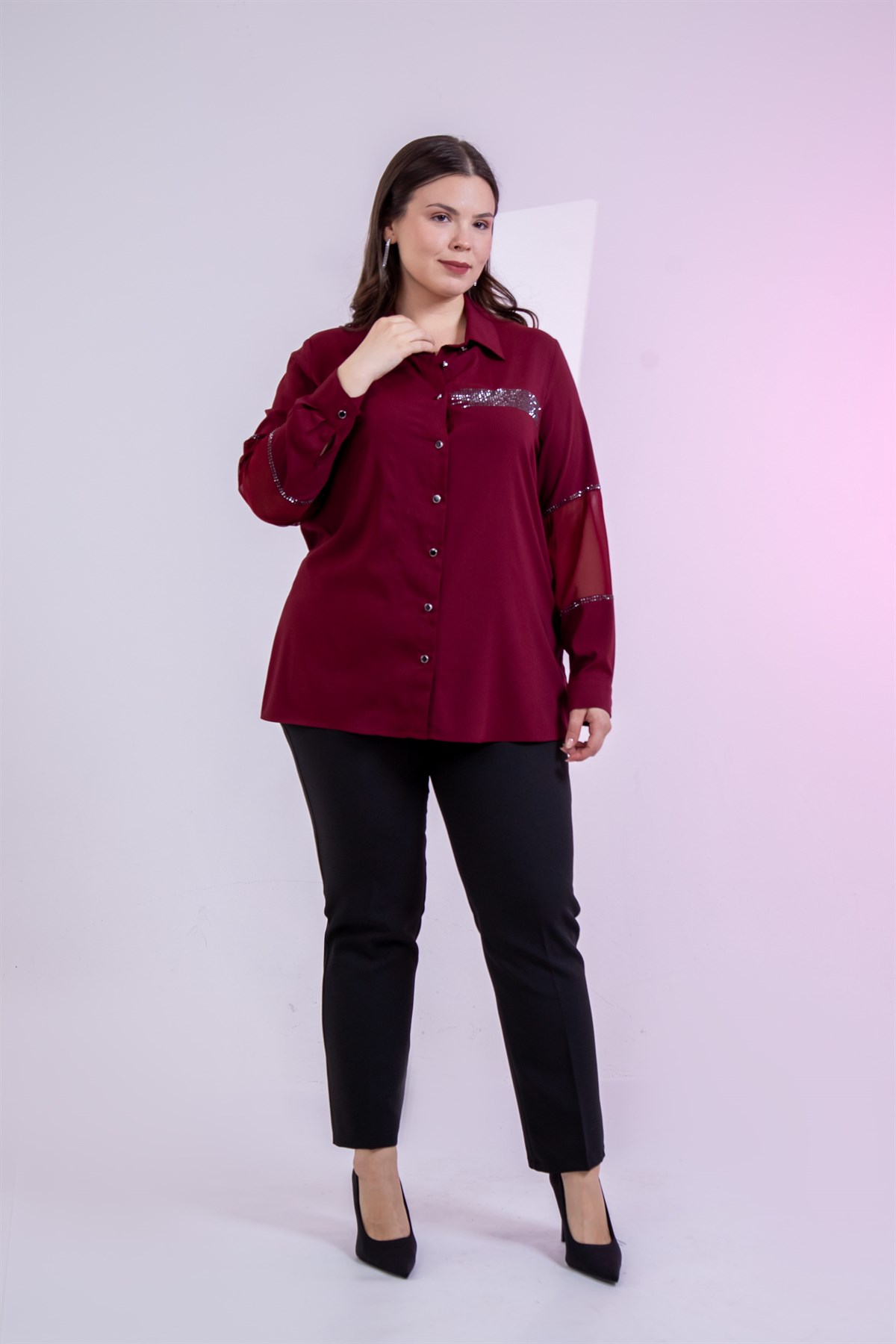 Büyük Beden 121911 Taş Detaylı Gömlek Bordo