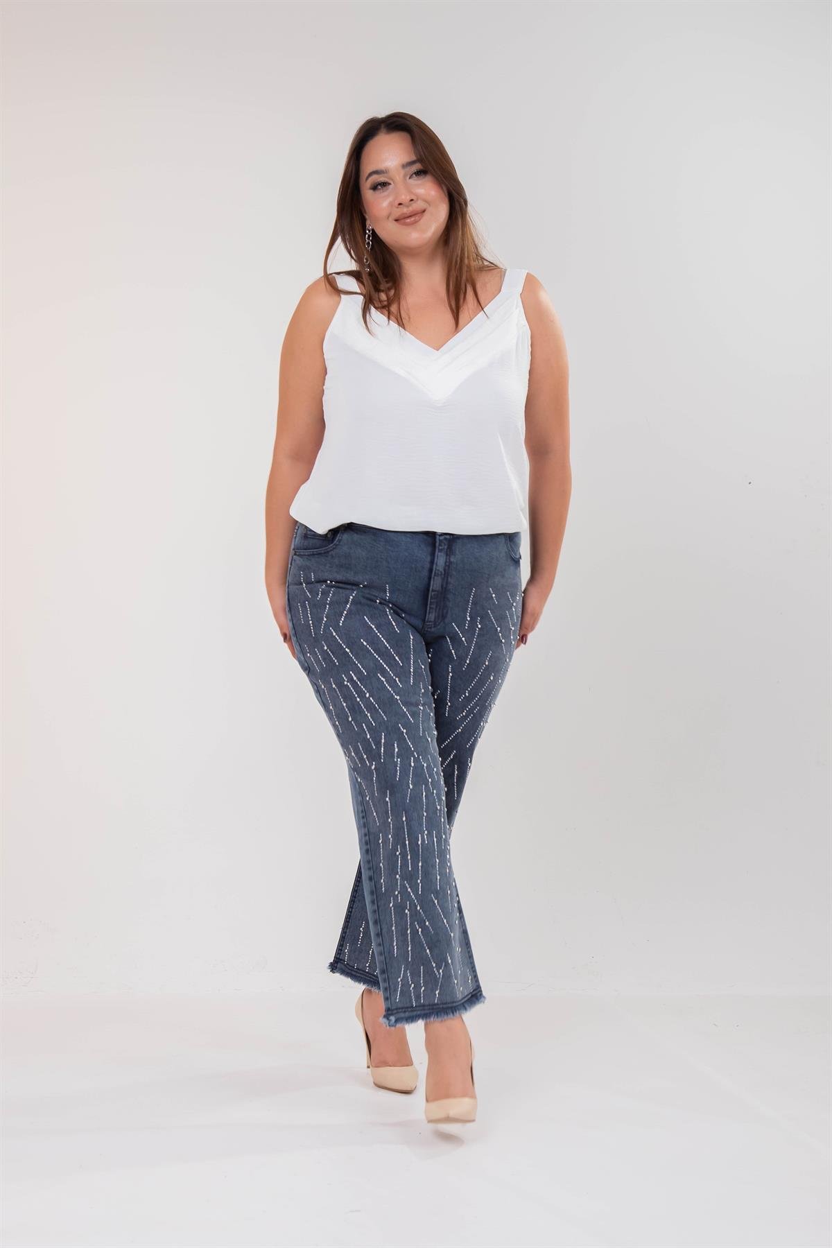 Büyük Beden 121952 Taş Detaylı Denim Pantolon  Buz Mavi