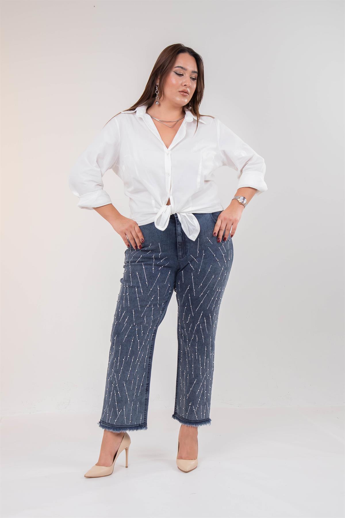 Büyük Beden 121952 Taş Detaylı Denim Pantolon  Buz Mavi