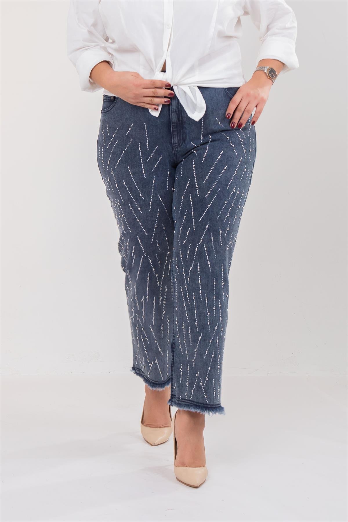 Büyük Beden 121952 Taş Detaylı Denim Pantolon  Buz Mavi