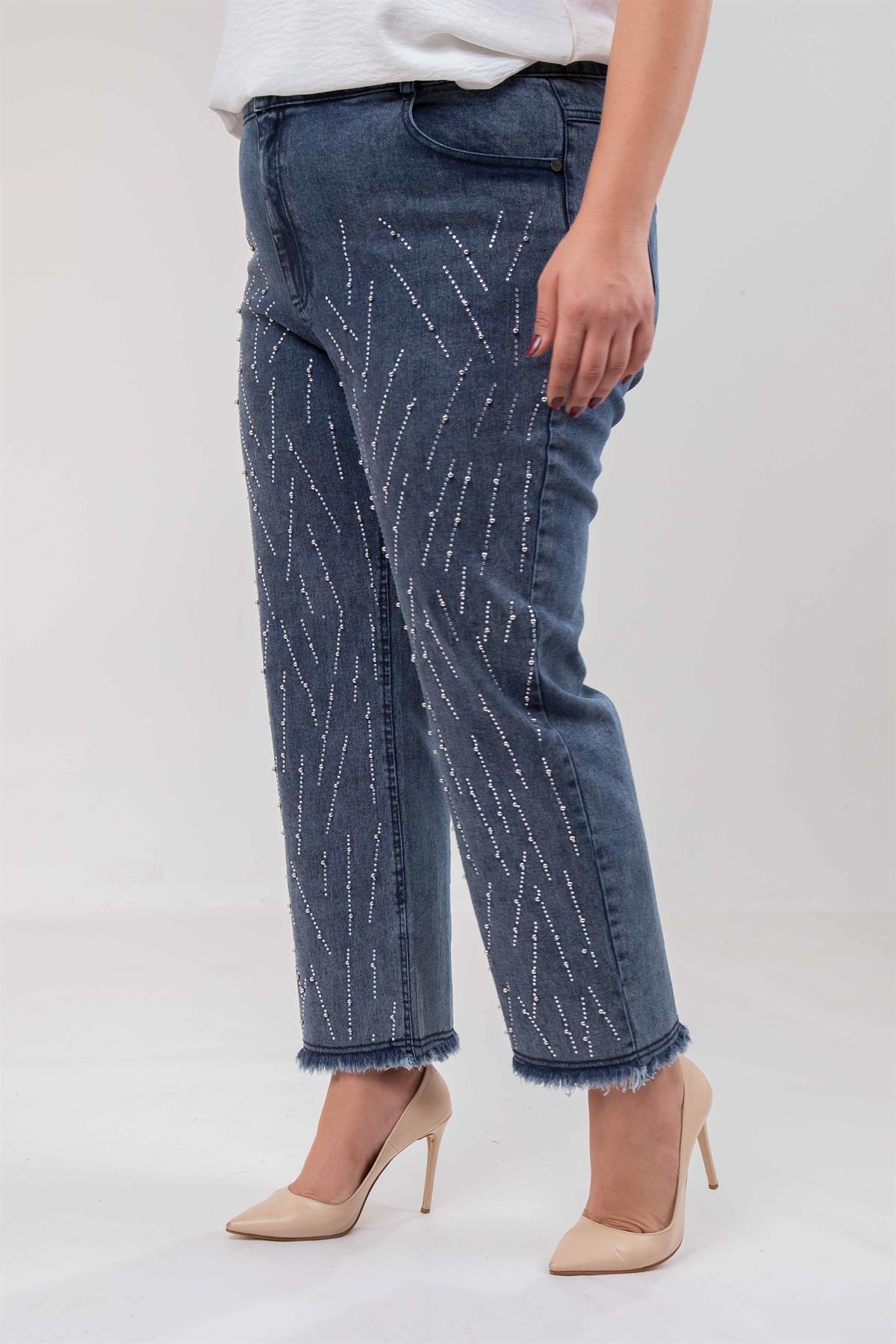 Büyük Beden 121952 Taş Detaylı Denim Pantolon  Buz Mavi