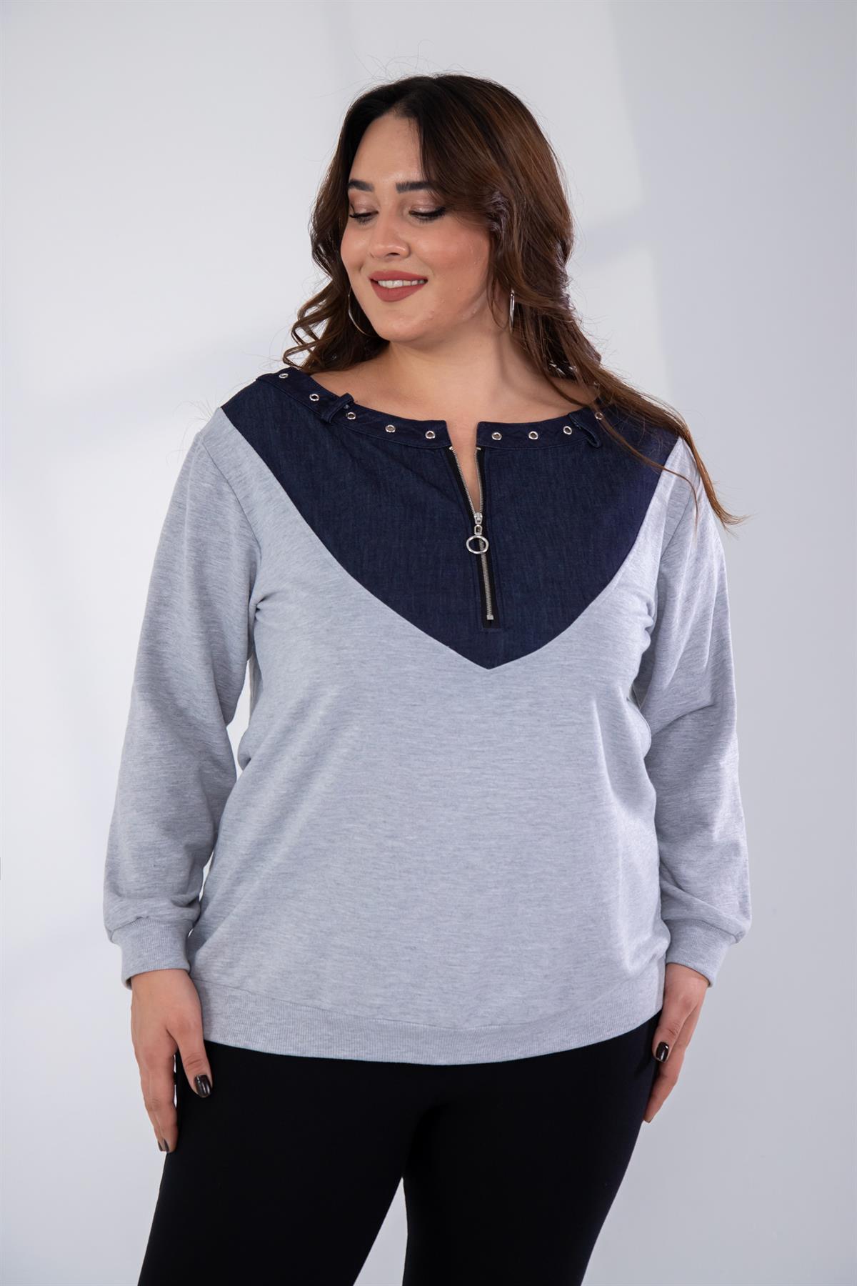 Büyük Beden 121996 Kuş Gözlü-Kot Garnili Sweat  Gri