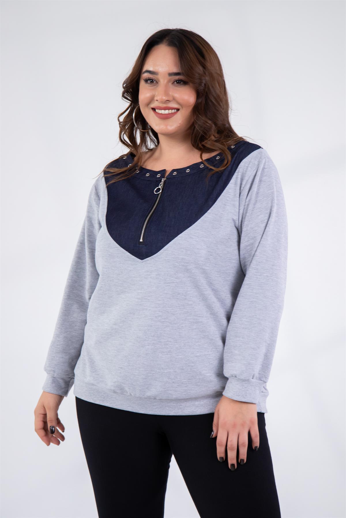 Büyük Beden 121996 Kuş Gözlü-Kot Garnili Sweat  Gri