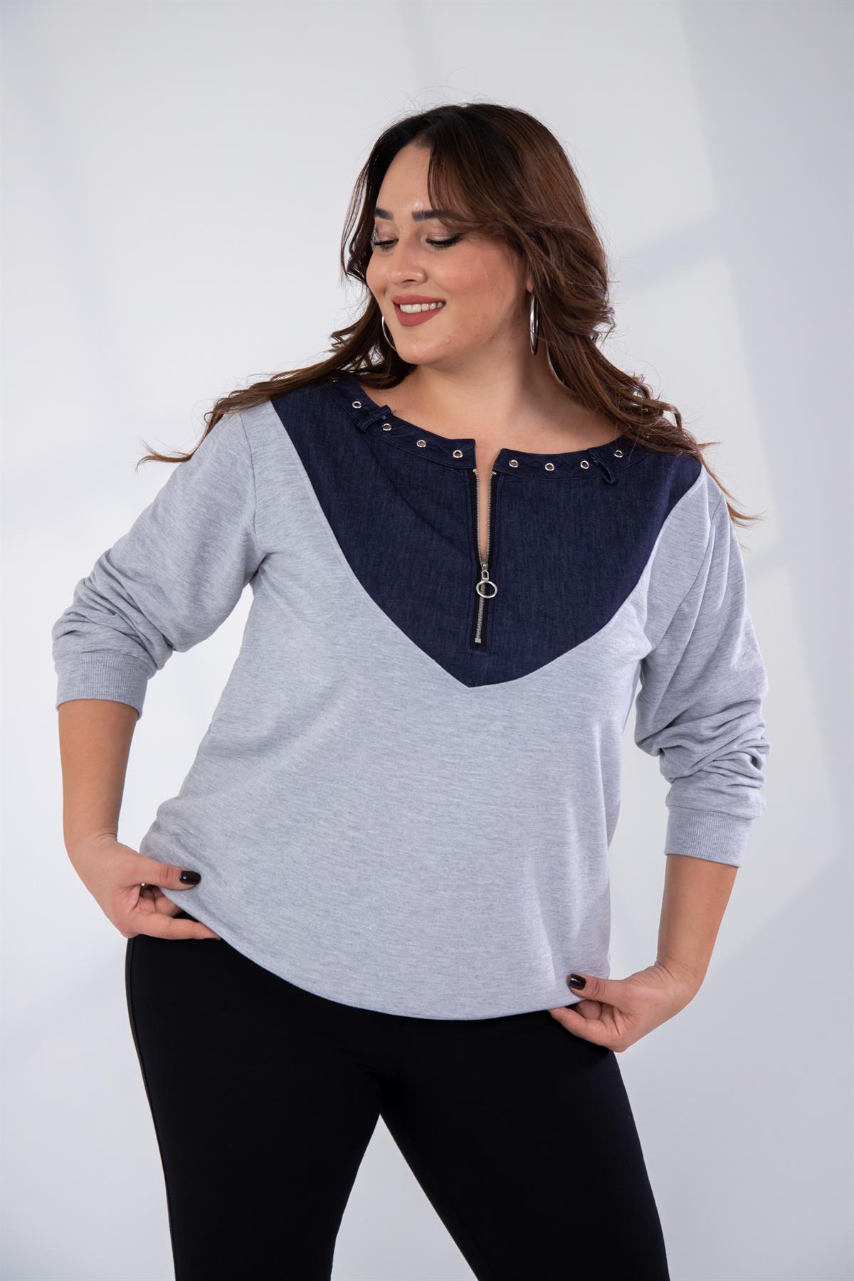 Büyük Beden 121996 Kuş Gözlü-Kot Garnili Sweat  Gri