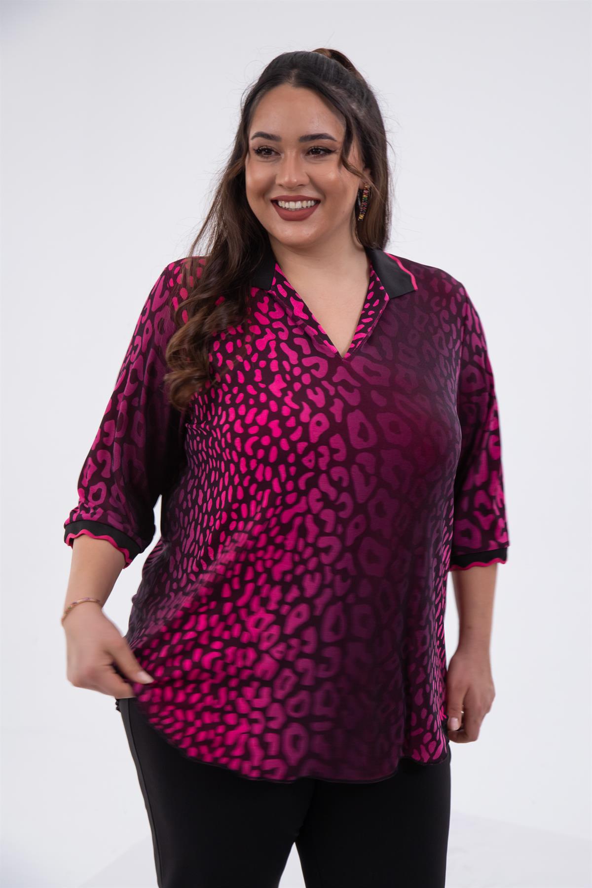 Büyük Beden 122039 Gömlek Yaka Bluz  Fuşya-Leopar 