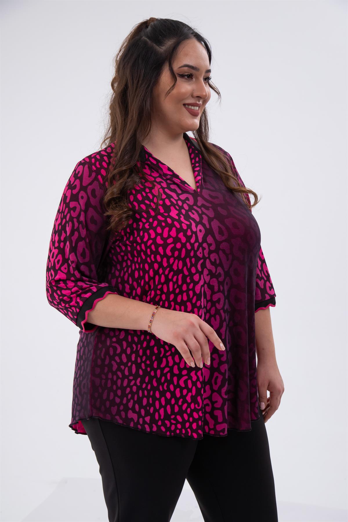 Büyük Beden 122039 Gömlek Yaka Bluz  Fuşya-Leopar 
