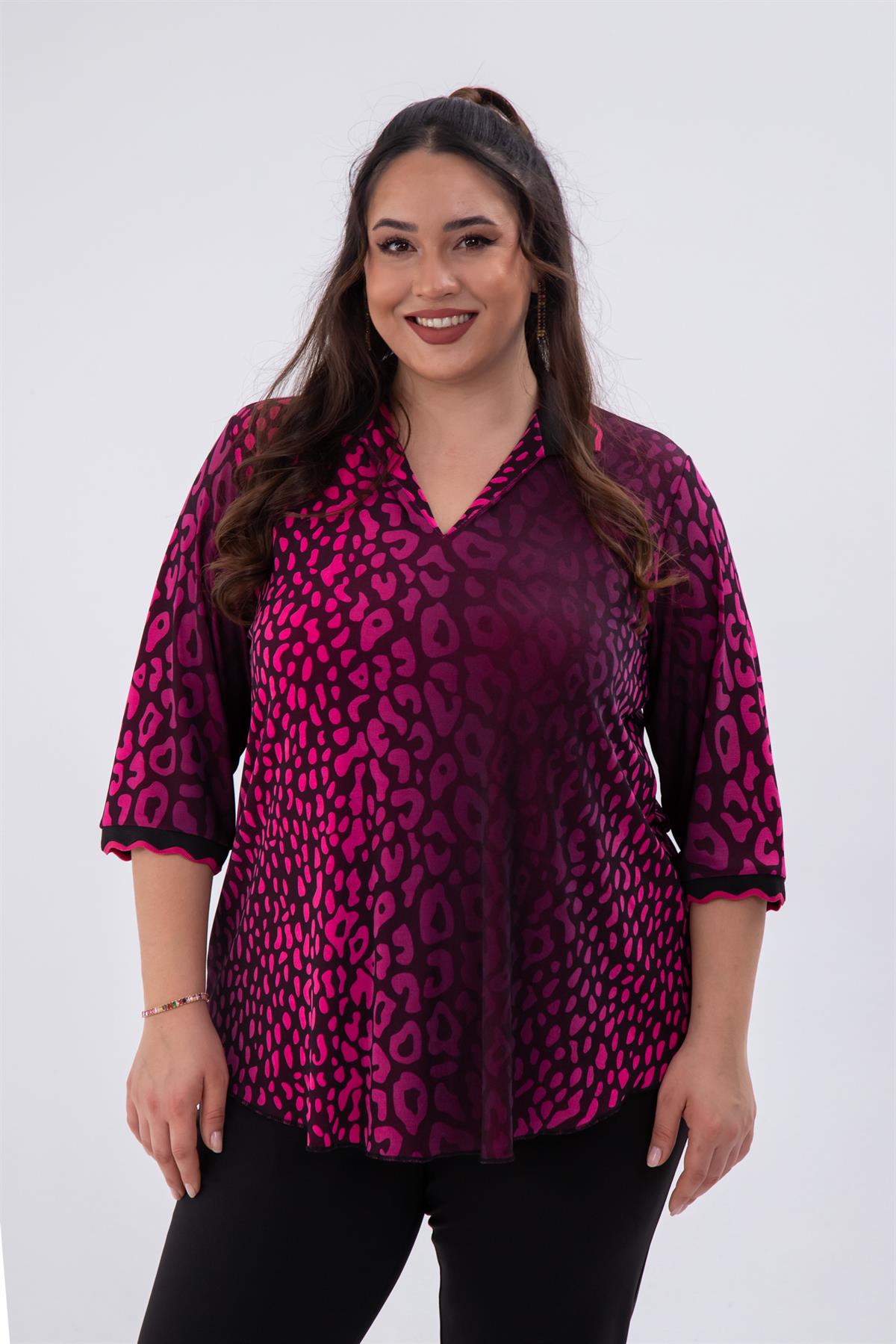Büyük Beden 122039 Gömlek Yaka Bluz  Fuşya-Leopar 