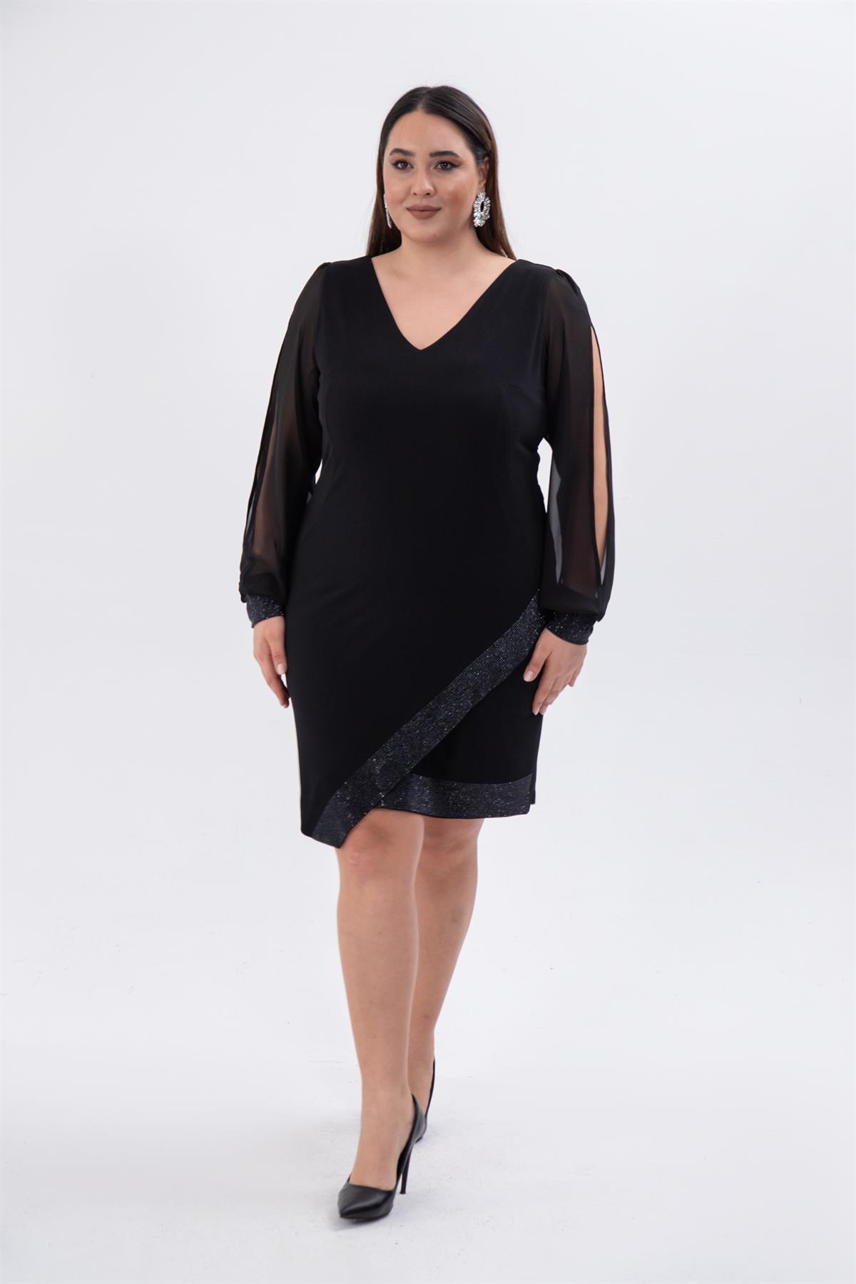 Büyük Beden 122089 Eteği- Kolu Taşlı Elbise  Siyah
