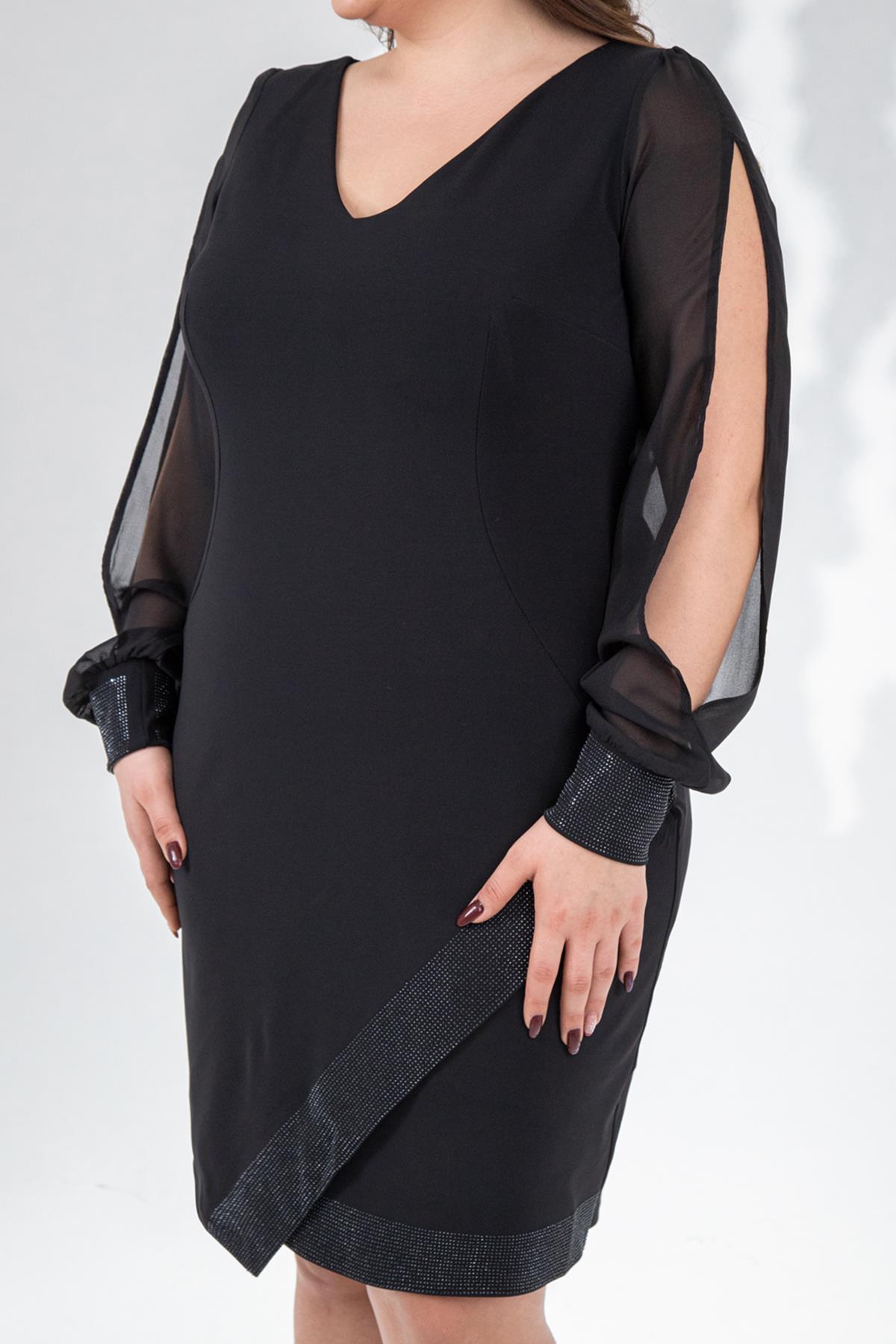 Büyük Beden 122089 Eteği- Kolu Taşlı Elbise  Siyah