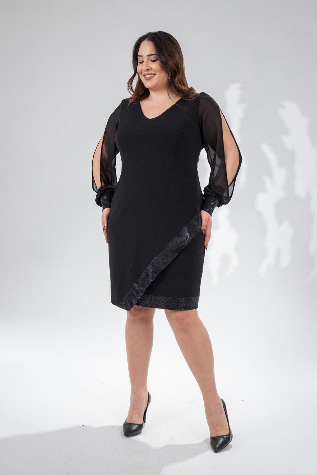 Büyük Beden 122089 Eteği- Kolu Taşlı Elbise  Siyah