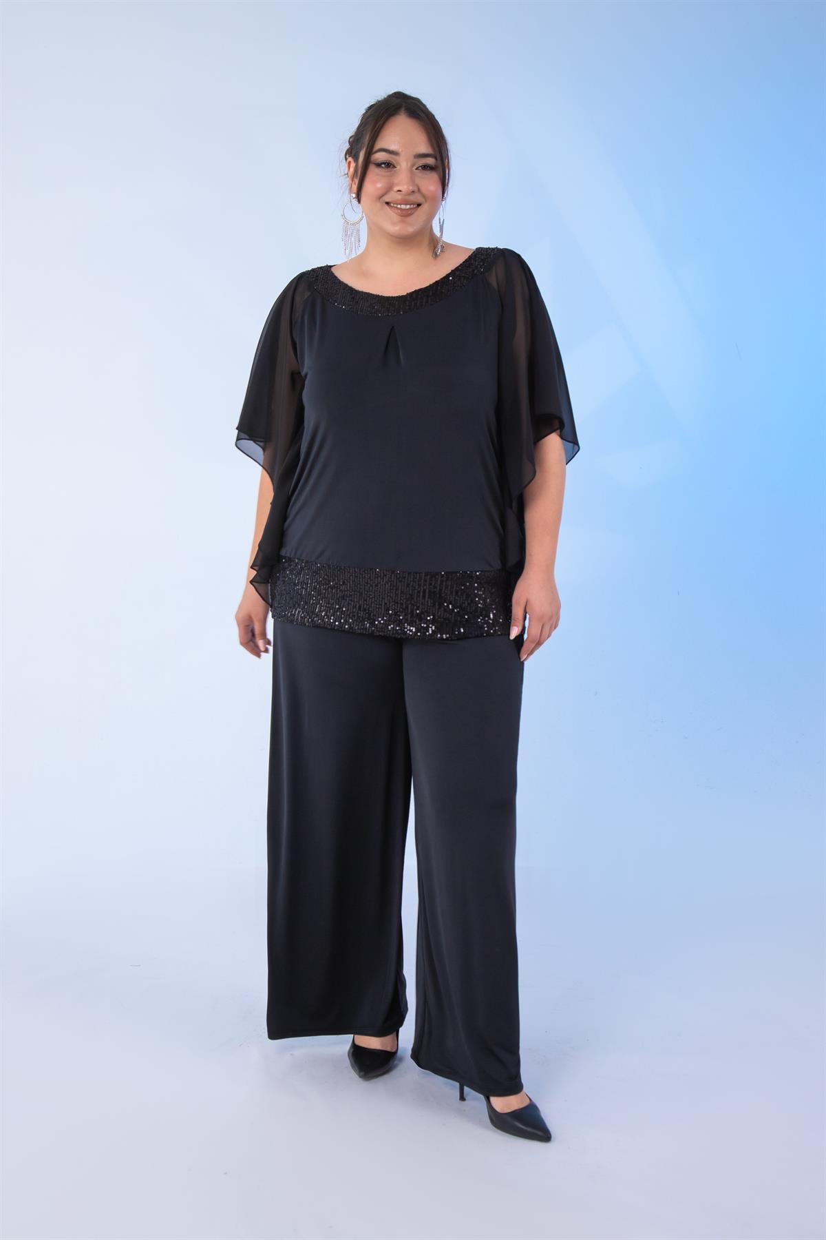 Büyük Beden 122116 Pul Payetli  2*li Takım  Siyah